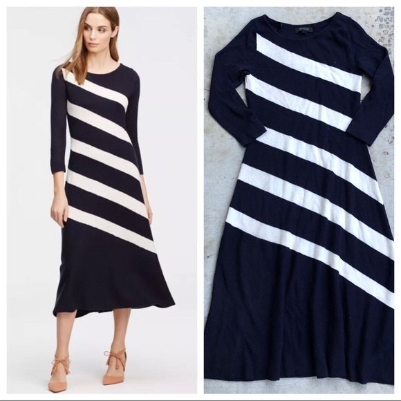 Ann Taylor Merino Wool Sweater Dress Midi Horizontal Stripes Bias Cut Blue XS - Picture 1 of 6